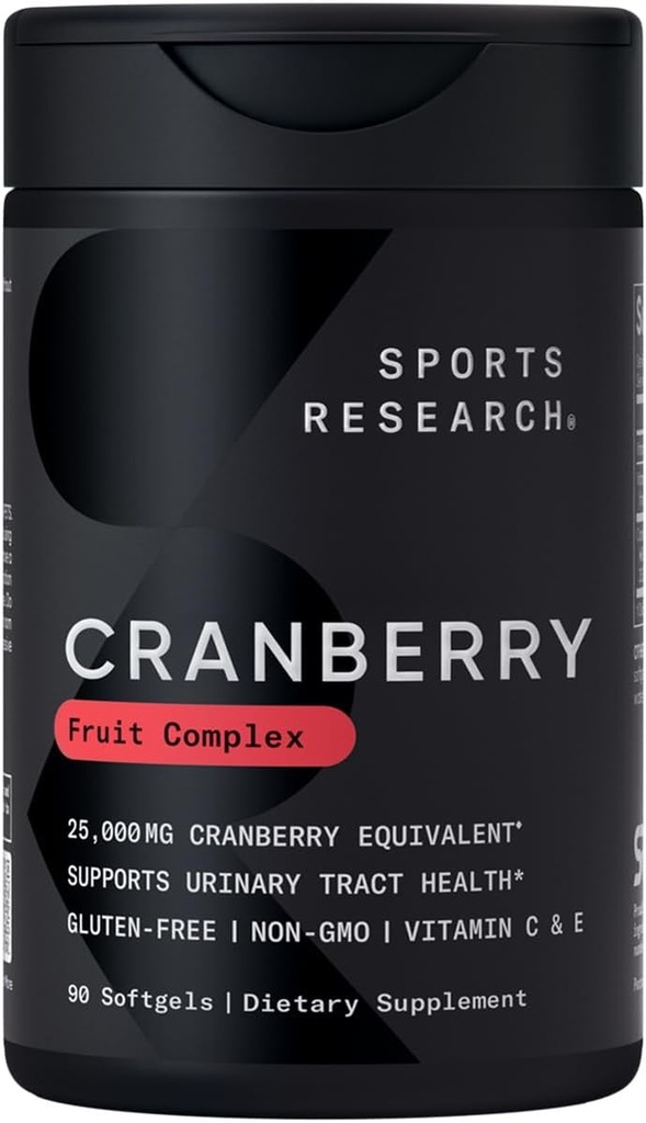 Sports Research Cranberry Fruit Complex Supplement - Softgels for Urinary Tract Health Support - Ισούται με 25.000mg Cranberries, Made with Pacran & Vitamins C & E - Non-GMO & Gluten Free - 90 Count