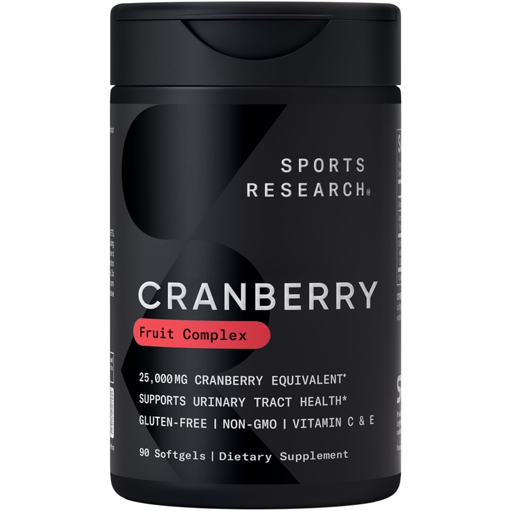 Sports Research Cranberry Fruit Complex Supplement - Softgels for Urinary Tract Health Support - Ισούται με 25.000mg Cranberries, Made with Pacran & Vitamins C & E - Non-GMO & Gluten Free - 90 Count