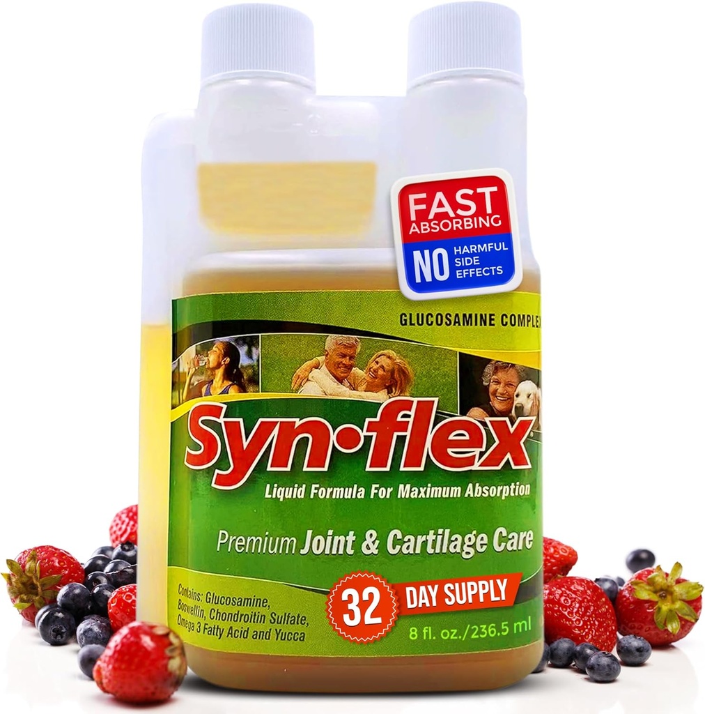 Synflex Liquid Glucosamine Original Formula - Χονδροϊτίνη, Βιταμίνες, Ορυκτά - Συμπλήρωμα ποτών για άνδρες και γυναίκες, Βοηθά την Κοινή Υποστήριξη & Cartilage Υγεία - Berry Flavor, 32 Ημέρα προσφοράς