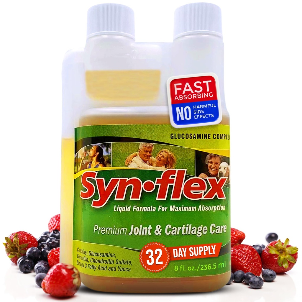 Synflex Liquid Glucosamine Original Formula - Χονδροϊτίνη, Βιταμίνες, Ορυκτά - Συμπλήρωμα ποτών για άνδρες και γυναίκες, Βοηθά την Κοινή Υποστήριξη & Cartilage Υγεία - Berry Flavor, 32 Ημέρα προσφοράς