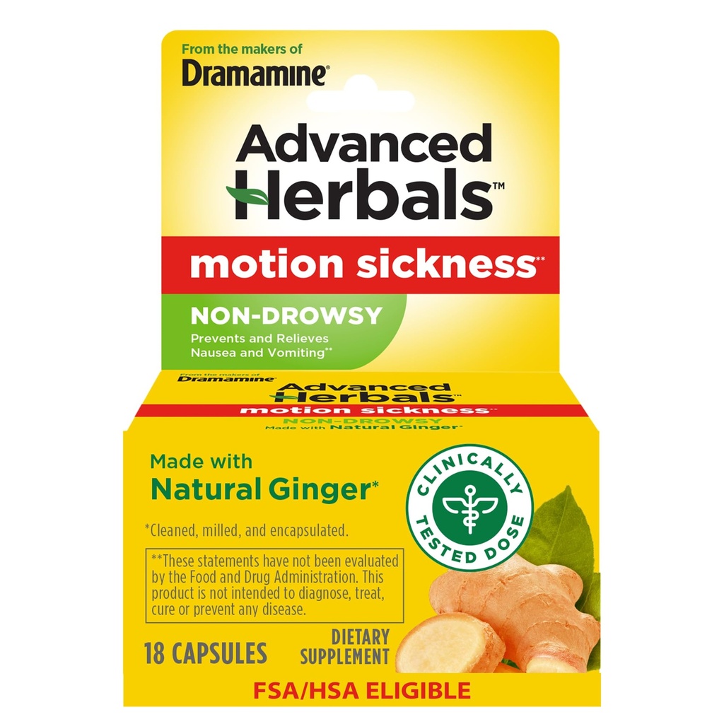 From the Makers of Dramamine, Advanced Herbals with Natural Ginger, for Nausea Relief, Morning Sickness Relief & Motion Sickness Relief During Travel, 18 Capsules