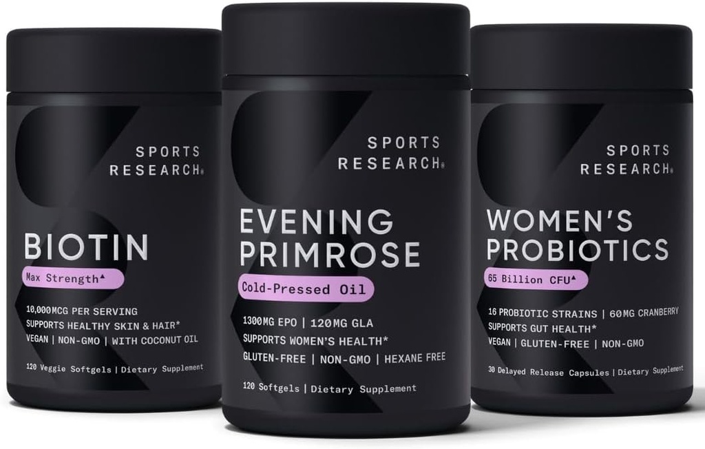 Sports Research Evening Primrose Supplement from Cold Pressed Oil, Vegan Biotin 10.000mcg with Coconut Oil & Women's Probiotics with Prebiotics, 65 δισεκατομμύρια CFU
