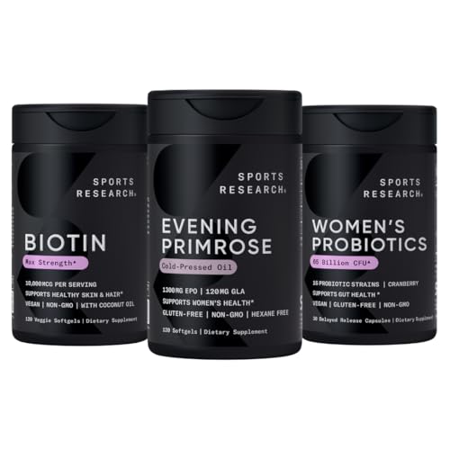 Sports Research Evening Primrose Supplement from Cold Pressed Oil, Vegan Biotin 10.000mcg with Coconut Oil & Women's Probiotics with Prebiotics, 65 δισεκατομμύρια CFU