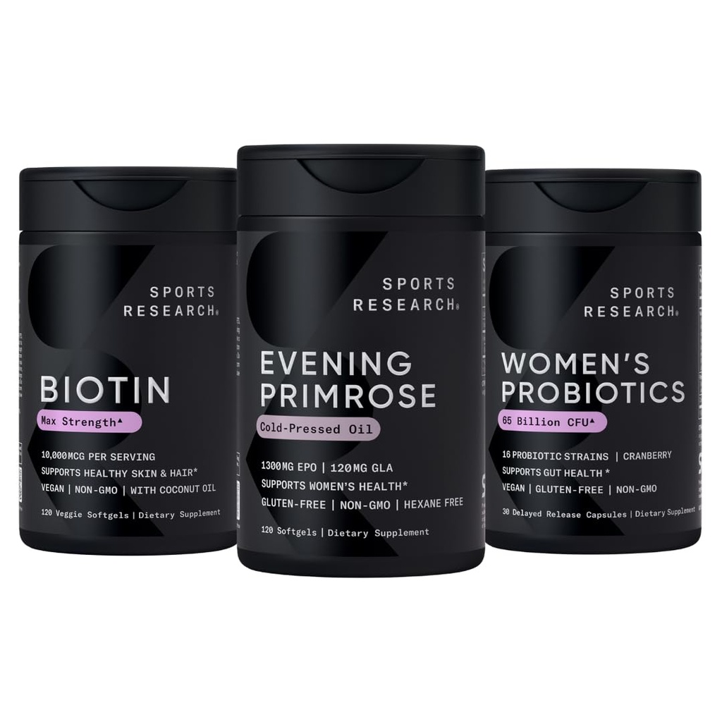 Sports Research Women's Supplement Pack - Evening Primrose Supplement from Cold Pressed Oil, Vegan Biotin 10,000mcg with Coconut Oil & Women's Probiotics with Prebiotics, 65 Billion CFU