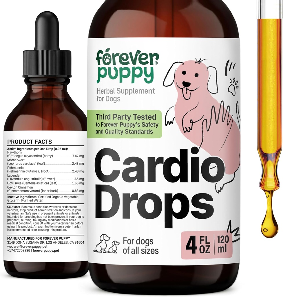 Forever Puppy Cardio Drops for Dogs - Υποστήριξη καρδιάς για τα σκυλιά w/Hawthorn Berry & Motherwort Herb - Υγρό Αντιοξειδωτικό συμπλήρωμα w/Gotu Kola Φύλλα & εκχύλισμα λεβάντας - 4 fl oz