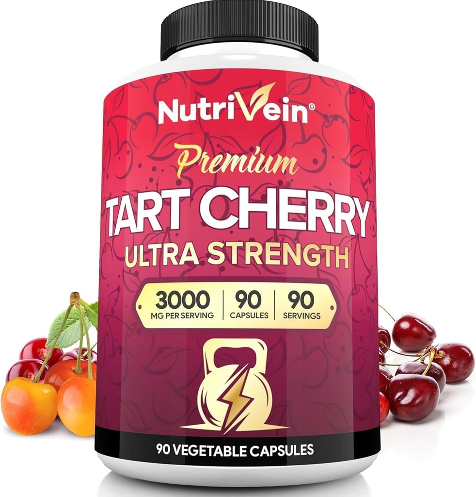Nutrivein Premium Tart Cherry Κάψουλες 3000mg: Ultra Strength Tart Cherry Extract συμπλήρωμα για μετά-αθλητική ανάκτηση, Detox, ανάπαυση, & κινητικότητα