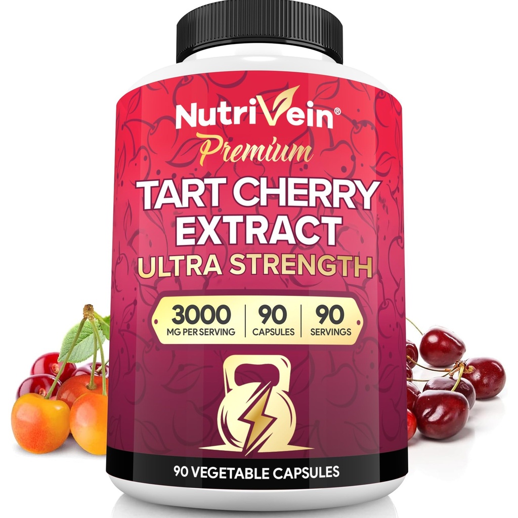 Nutrivein Premium Tart Cherry Capsules 3000mg: Ultra Strength Tart Cherry Extract Supplement for Post-Athletic Recovery, Detox, Rest, & Mobility