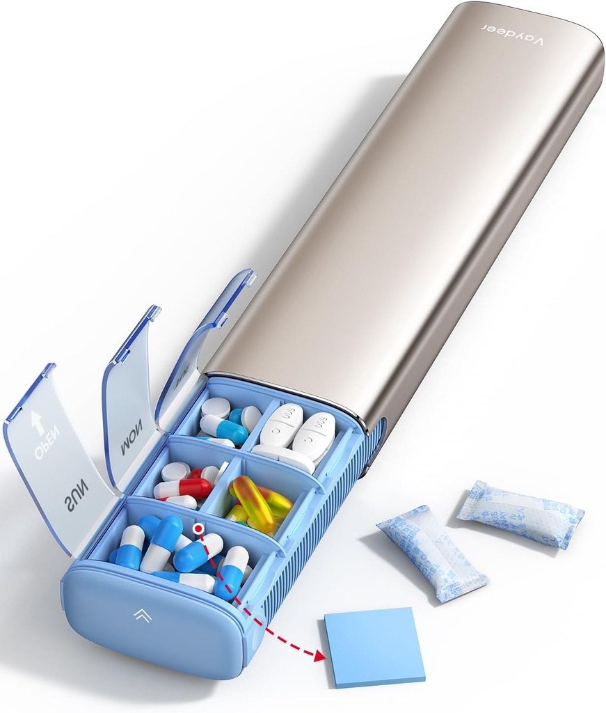 Vaydeer 7 Day Weekly Pill Organizer (Υποστήριξη 2 φορές την ημέρα), Metal Travel Pill Case, Μεγάλη Χωρητικότητα Καθημερινή Χαριτωμένο Κουτί Χάπια για Συμπληρώματα, Χάπια, Βιταμίνες και Φάρμακα (Champagne), 8.3*2.1*1.2 Ίντσα