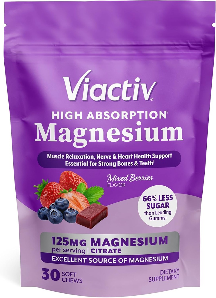 Viactiv Magnesium Chews, High Absorption Magnesium Citrate, Mixed Berries Flavor with Less Sugar Than Leading Magnesium Gummies, 30ct, 1pc Serving