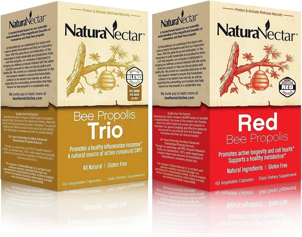 NaturaNectar Natural Bee Propolis Bundle - Trio και Red Propolis - για την ανοσοποιητική και καρδιοαγγειακή υποστήριξη και έναν υγιή μεταβολισμό * - 60 κάψουλες ανά φιάλη