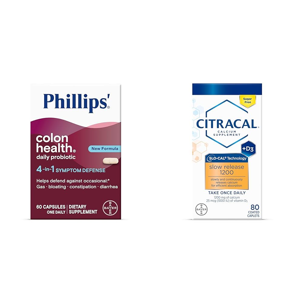 Υγεία του παχέος εντέρου Phillips' Καθημερινή Probiotic Κάψουλες, 4-σε-1 Άμυνα Συμπτωμάτων & Citracal αργή απελευθέρωση 1200, 1200 mg Κιτρικό ασβέστιο και ανθρακικό ασβέστιο Blend