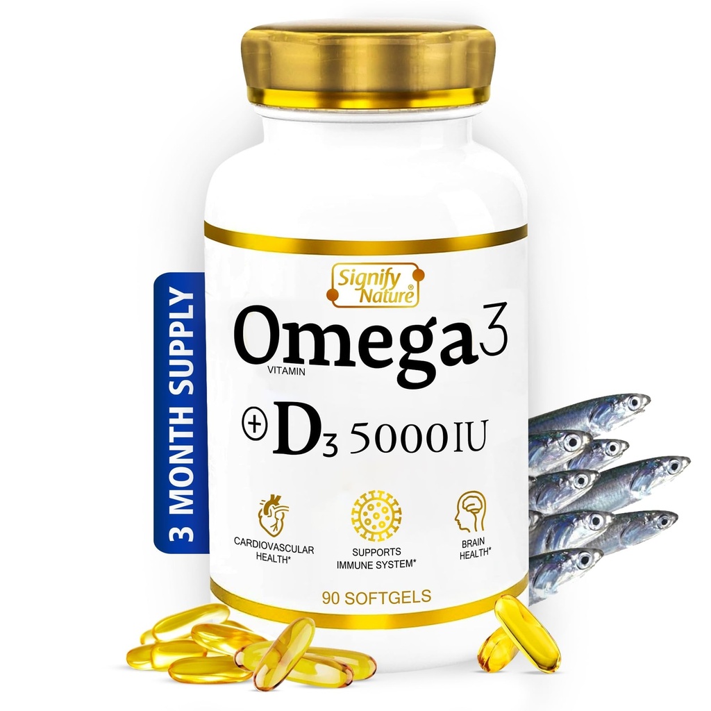 SIGNIFY NATURE Omega 3 Fish Oil Supplement with Vitamin D3 5000 IU – Omega3 1000mg Triglyceride Capsules for Heart Health & Immune Support – High Potency EPA DHA + VIT D 3 – 90 Softgels