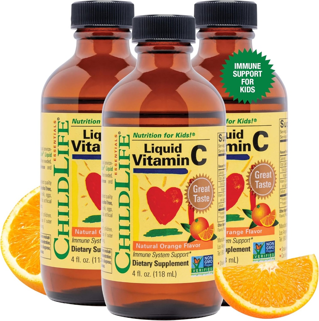 CHILDLIFE ESSENTIALS Liquid Vitamin C - Pure Vitamin C Liquid Supplement for Kids, Immune System Support, Great Taste - Natural Orange, 4 Fl Oz (Pack of 3)