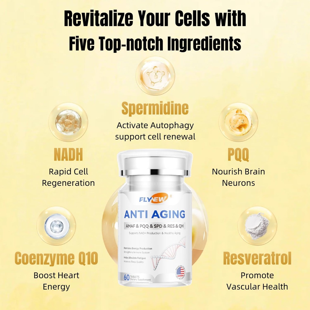 Αντιγηραντική, ρεσβερατρόλη, NADH & PQQ, υγιή μαλλιά, δέρμα, και νύχια, Κυτταρική υγεία, σπερμιδίνη, Ubiquinol, GMP, Κατασκευασμένο στις ΗΠΑ 60 κάψουλες