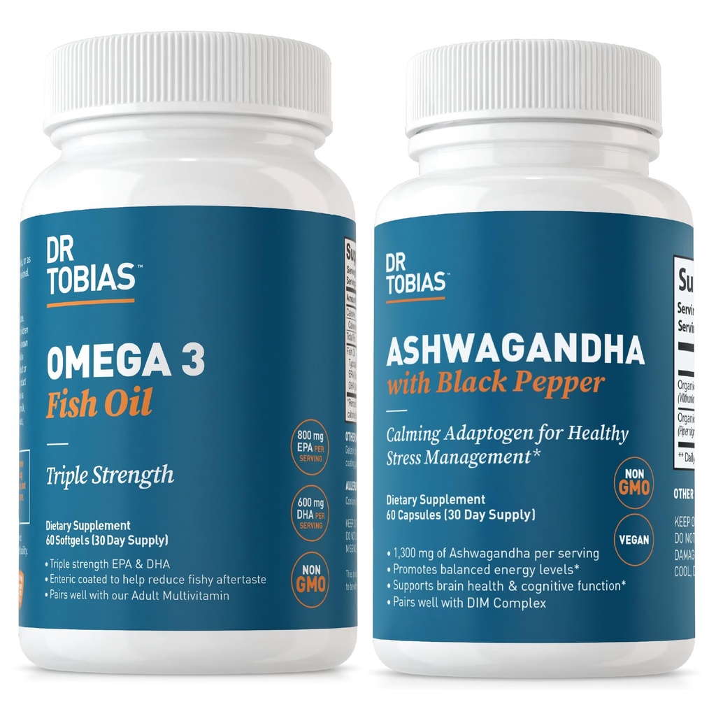 Dr. Tobias Omega 3 Fish Oil and Ashwagandha Capsules, Support Overall Wellness & Balanced Energy & Resilience, Non-GMO
