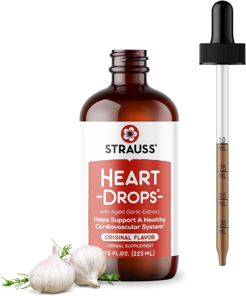 Strauss Naturals Heart Drops – Natural Mistletoe & Aged Garlic Extract Heart Health Supplement – Helps Maintain Healthy Cardiovascular System – Vegan & Non-GMO – 225 ml Bottle