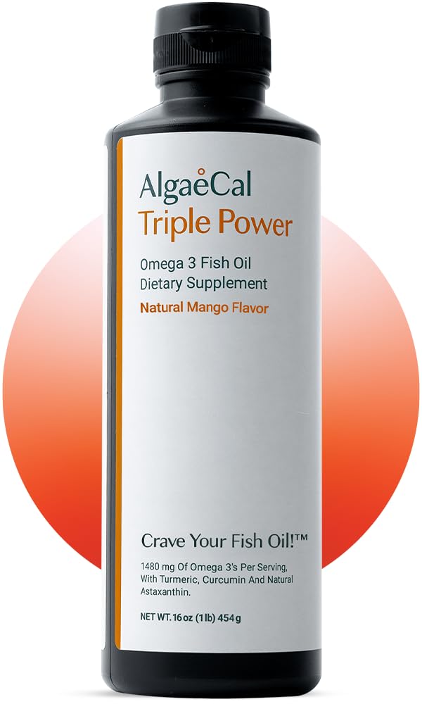 ALGAECAL Triple Power 1200mg EPA & DHA 3 Fish Oil συμπλήρωμα, Υποστήριξη Εγκεφάλου, Καρδιάς, Δέρμα & Οστά, Υγρή γεύση mango γαλακτωμάτων, Burp-Less, Χωρίς ζάχαρη, Κατασκευασμένο στις ΗΠΑ