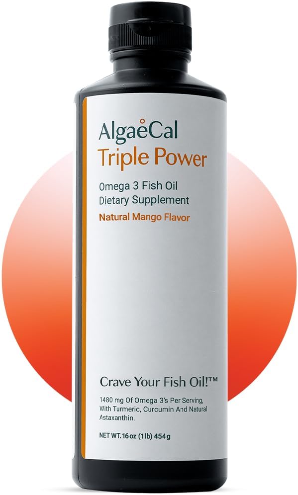 ALGAECAL Triple Power 1200mg EPA & DHA Omega 3 Fish Oil Supplement, Supporting Brain, Heart, Skin & Bones, Liquid Emulsion Mango Taste, Burp-Less, Sugar-Free, Made in USA
