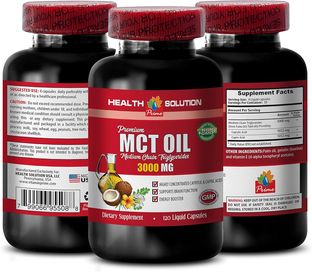 Συμπληρώματα Υποστήριξης Ενέργειας - MCT Oil 3600MG, 100% Αμιγής, Μεσαία Αλυσίδα τριγλυκερίδια - mct Oil Made with Coconut Oil, mct Oil Pills, mct Oil for Memory, mct Oil for Brain, mct Coconut Oil - 1B 120Soft