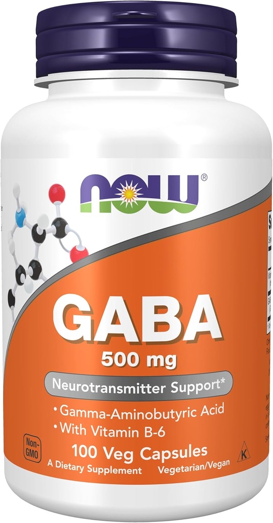 NOW Συμπληρώματα διατροφής, GABA (Gamma-Aminobutyric Acid) 500 mg + B-6, Φυσικός Νευροδιαβιβαστής *, 100 κάψουλες Veg
