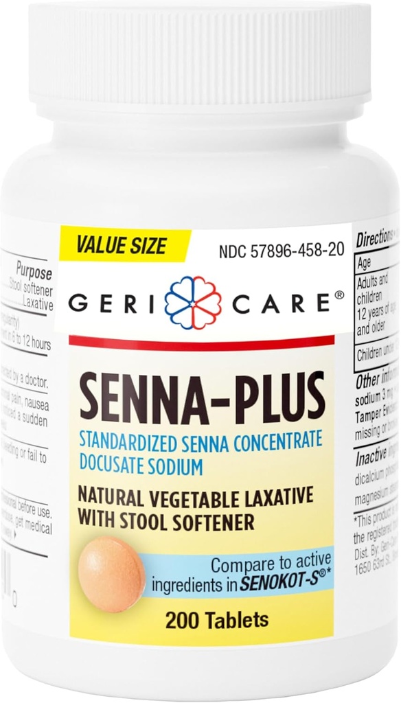 GeriCare Senna Plus Φυσικό Laxative με Αποσκληρυντικό Σκαφών, Δοκιμικό Νάτριο 50mg, Sennosides 8, 6mg, 200 δισκία (πακέτο του 1)
