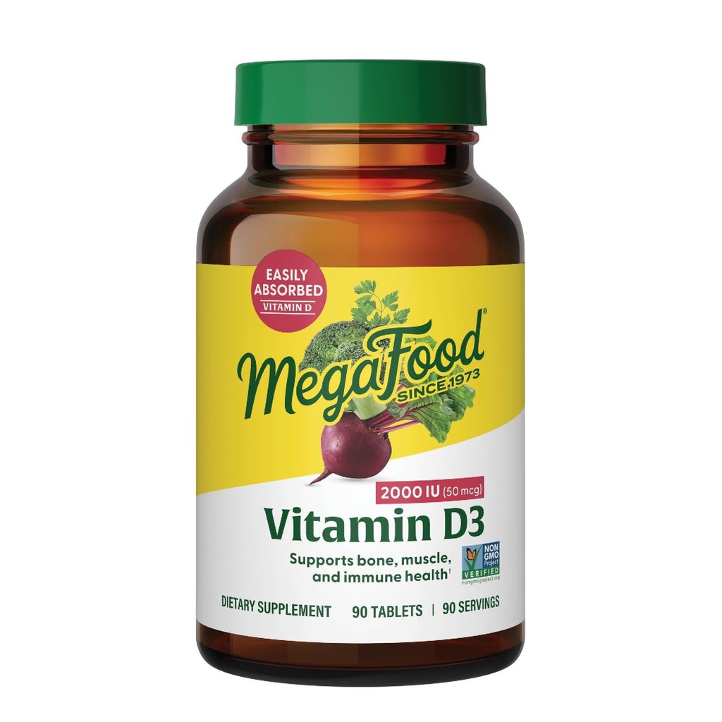 MegaFood Βιταμίνη D3 2000 IU (50 mcg) - Συμπληρώματα βιταμίνης D με πραγματική τροφή, ανοσοποιητική υποστήριξη, υποστηρίζει οστά, δόντια & μύες, χορτοφάγοι, πιστοποιημένοι μη-GMO, Kosher – 90 δισκία, 90 σερβιρίσματα