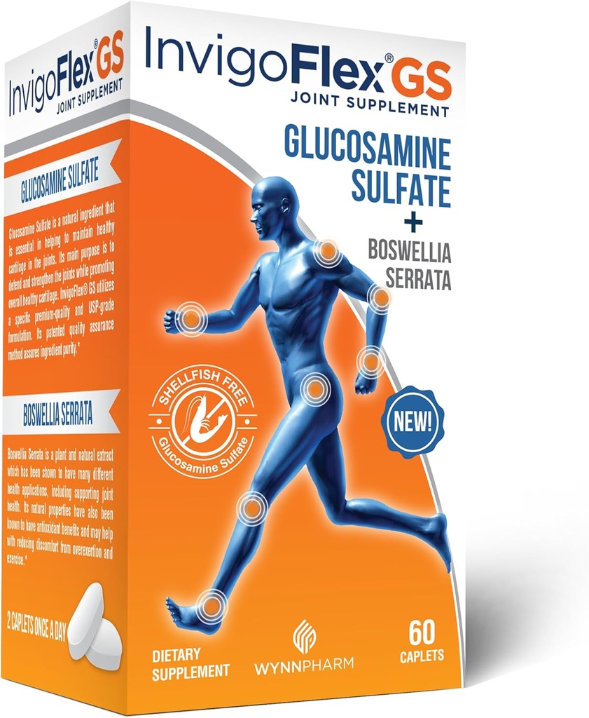 INVIGOFLEX® GS - Γλυκοζαμίνη Sulfate (Shellfish Free, Sodium Free & Vegetarian Safe) Μη ΓΤΟ, Γλουτένη Χωρίς - με Boswellia Serrata - Γόνατα, Χέρια, Πίσω, και Hip Premium Joint Supplement
