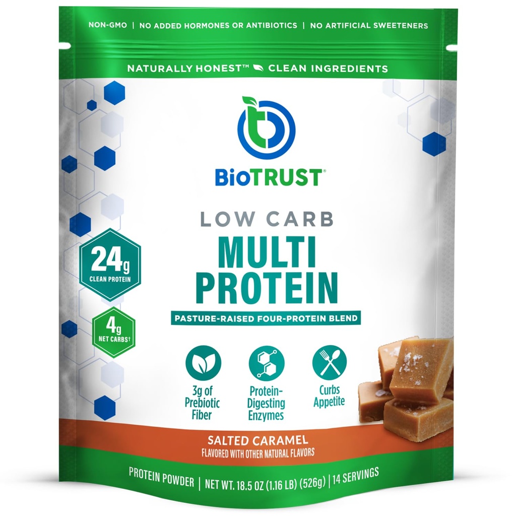 BioTrust χαμηλής περιεκτικότητας σε πρωτεΐνες υδατανθράκων σκόνη - Υγιεινή απομονωμένη σκόνη πρωτεΐνης ορού γάλακτος και καζεΐνη ανάμειξη από χόρτο-Fed, πάστα-raised βοοειδή, Plus Digestive Ένζυμα - Αλατισμένο Caramel, 14 εξυπηρετούν