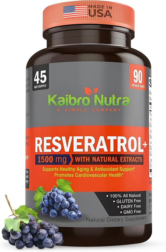 Kaibro Nutra Resveratrol συμπλήρωμα, 1500mg επιπλέον δύναμη τρανς ρεσβερατρόλη, Quercetin με ιαπωνικά εκχυλίσματα Knotweed, κατά της γήρανσης, Radiant δέρμα και την υποστήριξη της ασυλίας, Vegan & μη GMO, 90 κάψουλες