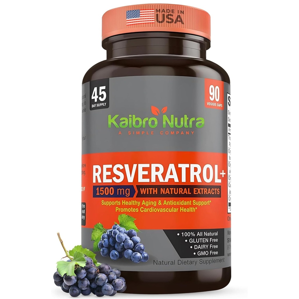 Kaibro Nutra Resveratrol συμπλήρωμα, 1500mg επιπλέον δύναμη τρανς ρεσβερατρόλη, Quercetin με ιαπωνικά εκχυλίσματα Knotweed, κατά της γήρανσης, Radiant δέρμα και την υποστήριξη της ασυλίας, Vegan & μη GMO, 90 κάψουλες