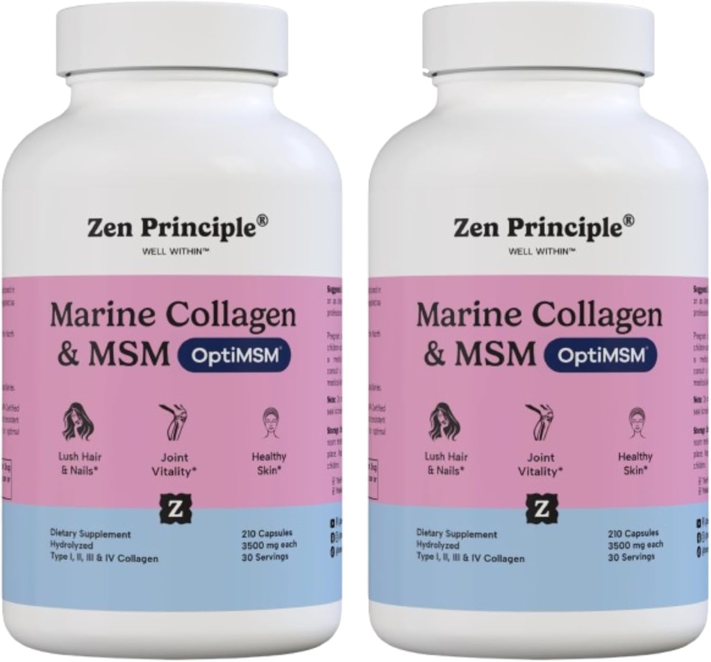 Zen Principle Marine Collagen Peptides Powder with OptiMSM® Supplement. Clinically Tested for Skin Support. Wild-Caught Fish, Non-GMO. 420 Capsules.