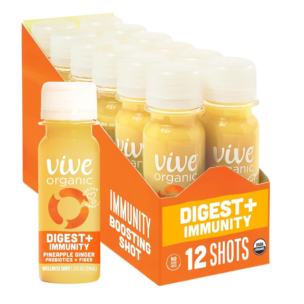 Vive Organic Digest + Ανοσία Διπλό-Boost Shot, κρύο-Pressed Aloe Vera, Apple μηλίτη, Probiotics, 2g Ίνες, Χωρίς γλουτένη, Vegan, 2 Fl Oz (Pack of 12)