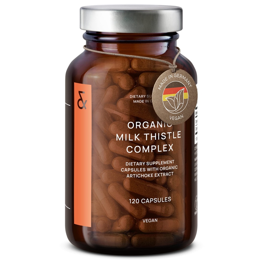 CLAV Organic Milk Thistle & Artichoke Extract Complex - Πλούσιο σε Σιλυμαρίνη & Bitters - Υποστήριξη ήπατος + Συμπλήρωμα Detox - 120 κάψουλες (60 ημέρες προσφοράς) - Vegan - Κατασκευασμένο στη Γερμανία