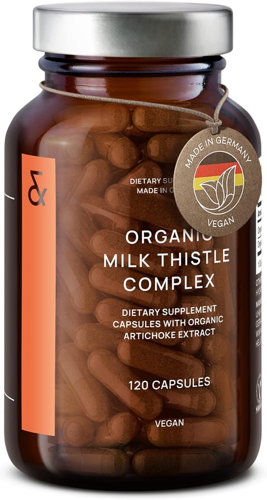 CLAV Organic Milk Thistle & Artichoke Extract Complex - Πλούσιο σε Σιλυμαρίνη & Bitters - Υποστήριξη ήπατος + Συμπλήρωμα Detox - 120 κάψουλες (60 ημέρες προσφοράς) - Vegan - Κατασκευασμένο στη Γερμανία