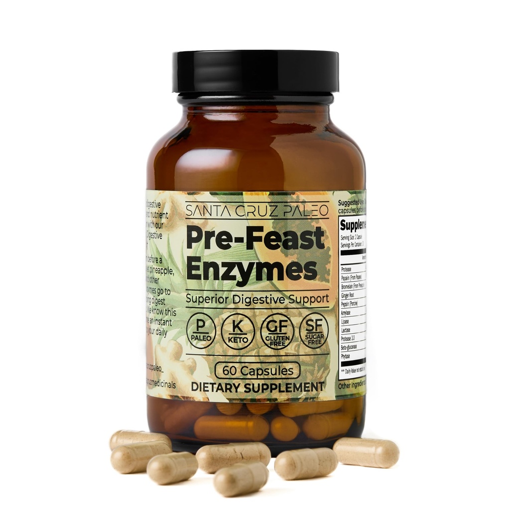 Santa Cruz Paleo Pre-Feast Digestive Enzymes for Women and Men, Fiber Supplement for Gut Health & Digestive Health, Gluten Free, Keto, Sugar Free, Paleo, with Bromelain, Ginger Root, 60 κάψουλες