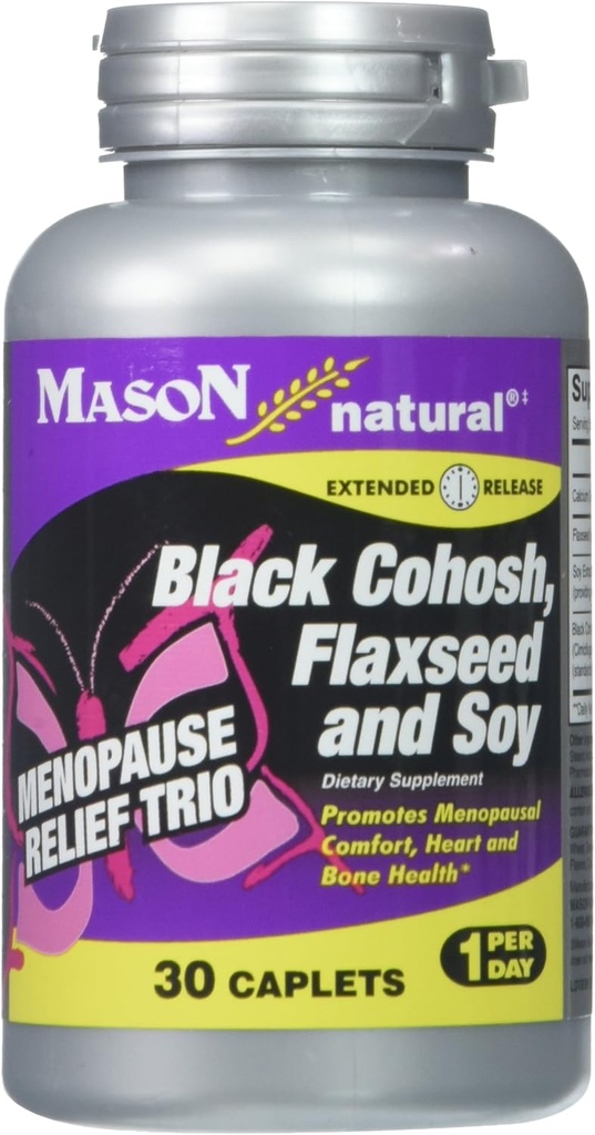 MASON NATURAL Εμμηνόπαυση Trio: Black Cohosh, flaxseed, & Soy (Extended Release) - May Alleviate Hot Flashes & Night Sweats*, Υποστηρίζει Υγιεινή ισορροπία ορμονών*, 30 Caplets