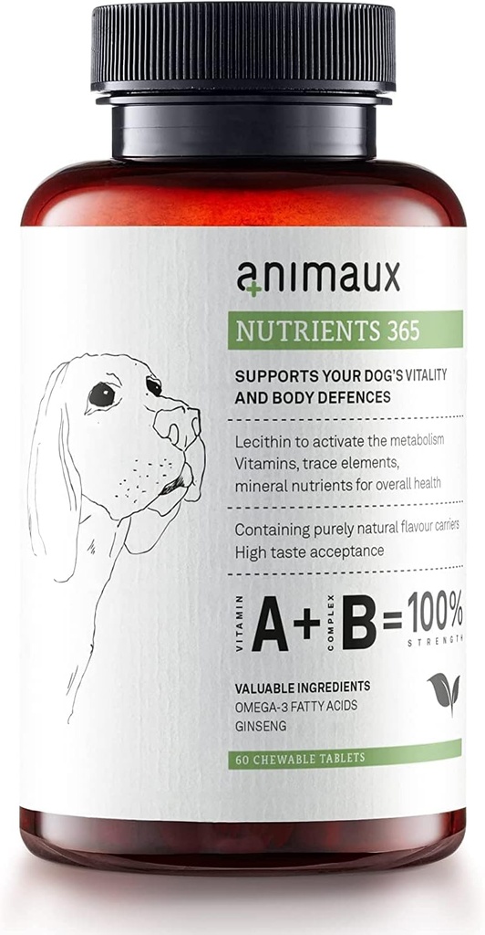 animaux – θρεπτικά συστατικά 365 για σκύλους, Όλα-Φυσικές Βιταμίνες, Υγιεινό ανοσοποιητικό σύστημα, Ζωτικότητα, Υγιεινό δέρμα, γυαλιστερό παλτό, Ακατέργαστη τροφή, κουτάβια, σκυλιά με αλλεργίες, 60 Μασώμενα δισκία, 60 ημέρες προσφοράς