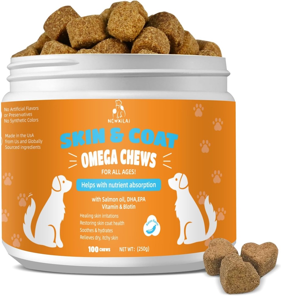 Τσίχλες δέρματος και γάζας για σκύλους - Ichy δέρματα συμπλήρωμα σκύλου Υποστήριξη καυτές κηλίδες Άνεση και το shedding Αλλεργία κοινή υγεία με Ωμέγα 3 ιχθυέλαιο, EPA & DHA λιπαρά οξέα, Bacon Γεύση 100 Count μαλακά θεραπείες