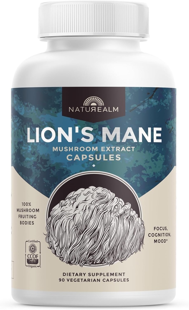 Naturealm Lions Mane Mushroom Supplement - Organic Brain Support for Focus Memory Mental Clarity - Non GMO Cognitive Function - 90 Vegetarian Capsules