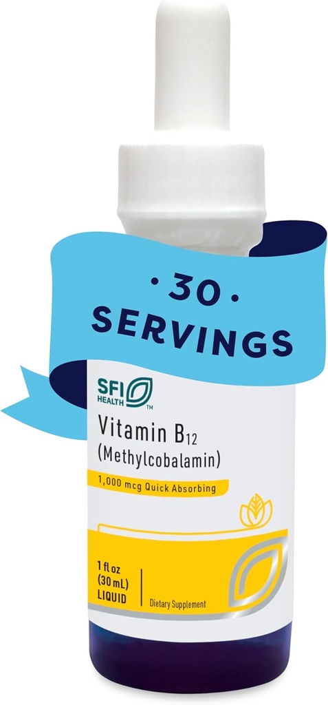 Klaire Labs SFI Health Vitamin B12 Liquid Drops 1mg - Methyl B12 Drops, 1000mcg Active Methylcobalamin - Liquid Delivery for Efficient Absorption - Hypoallergenic (30ml / 1 fl oz)