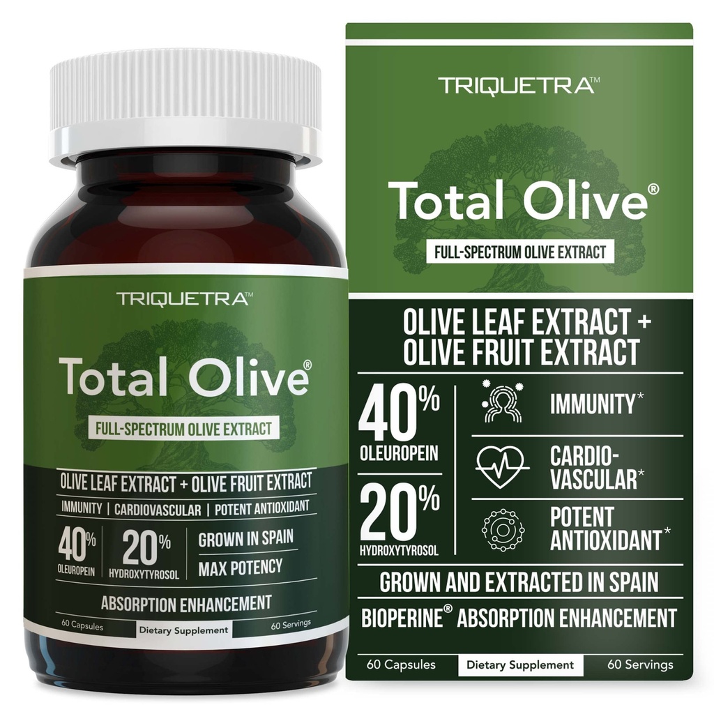 Total Olive® - Olive Leaf Extract (40% Oleuropein) Plus Olive Fruit Extract (20% Hydroxytyrosol) – Full Spectrum Extract Grown & Extract in Spain – BioPerine Abvorve Enhancement (60 Count)