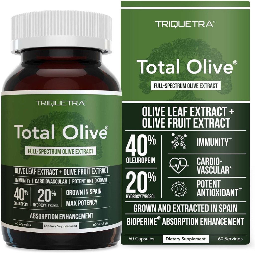 Total Olive® - Olive Leaf Extract (40% Oleuropein) Plus Olive Fruit Extract (20% Hydroxytyrosol) – Full Spectrum Extract Grown & Extract in Spain – BioPerine Abvorve Enhancement (60 Count)