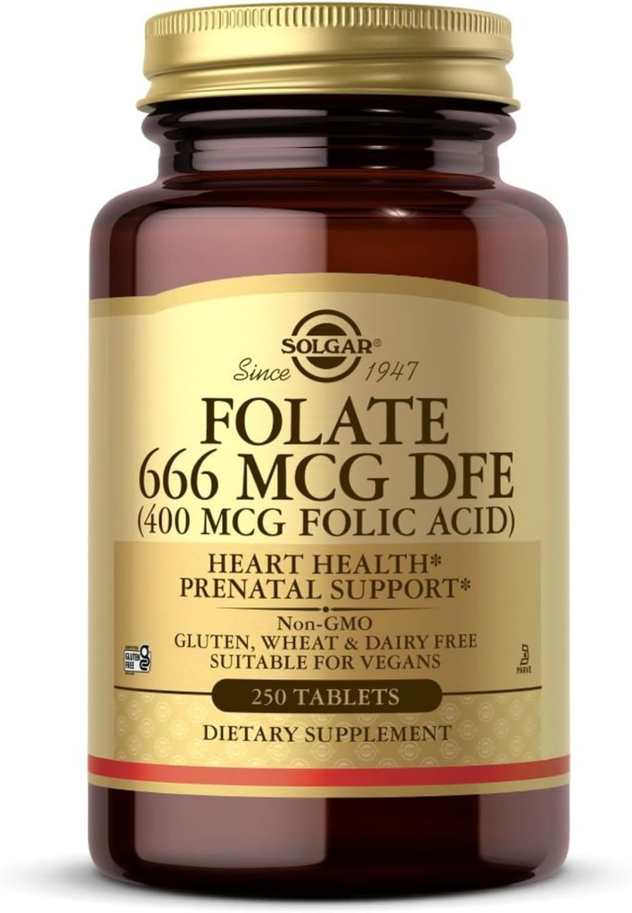Solgar Folate 666 mcg DFE (Folic Acid 400 mcg) - 250 Δισκία - Προγεννητική Υποστήριξη - Μη ΓΤΟ, Vegan, Χωρίς γλουτένη, Χωρίς γαλακτοκομικά, Kosher - 250 Μερίδες