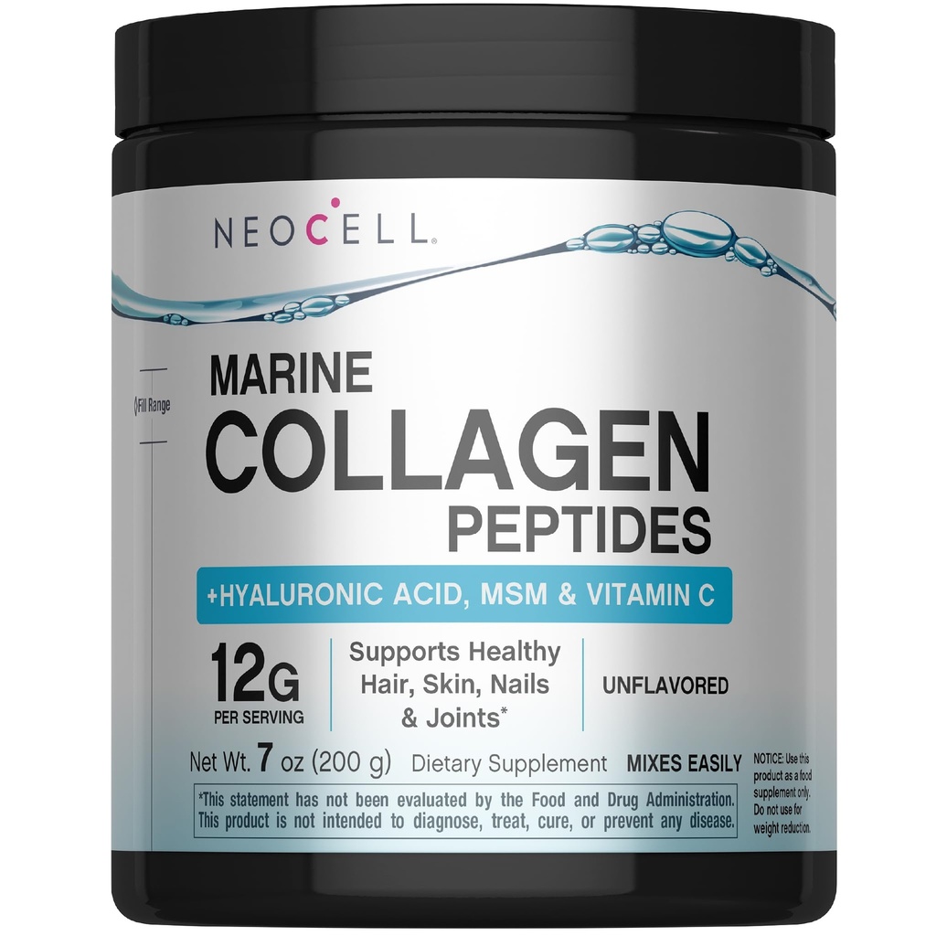 Neocell Marine Collagen με Υαλουρονικό Οξύ, MSM και Βιταμίνη C, Keto Collagen Συμπληρώματα, για την περιποίηση του δέρματος και την κοινή υγεία, χωρίς γεύση, σκόνη, 7 oz, 1 Canister