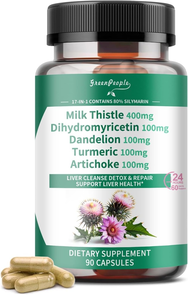GREENPEOPLE Liver Cleanse Detox & Repair - Εκχύλισμα Γάλα Δύναμης 30X - Τυποποιημένη και συμπυκνωμένη 80% σιλιμαρίνη w/Vitamin,95% κουρκουμινοειδή & 17+Liver Health Nutrients to Revive & Thrive