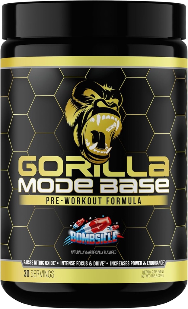 Gorilla Mind Base Pre Workout - Αυξάνει το νιτρικό οξύ Έντονη Εστίαση & Drive Δύναμη αντοχής - L-Citrulline, L-Tyrosine, Betaine, Alpha-GPC, Caffeine, Huperzine A - 360 Grams (Bombsicle)