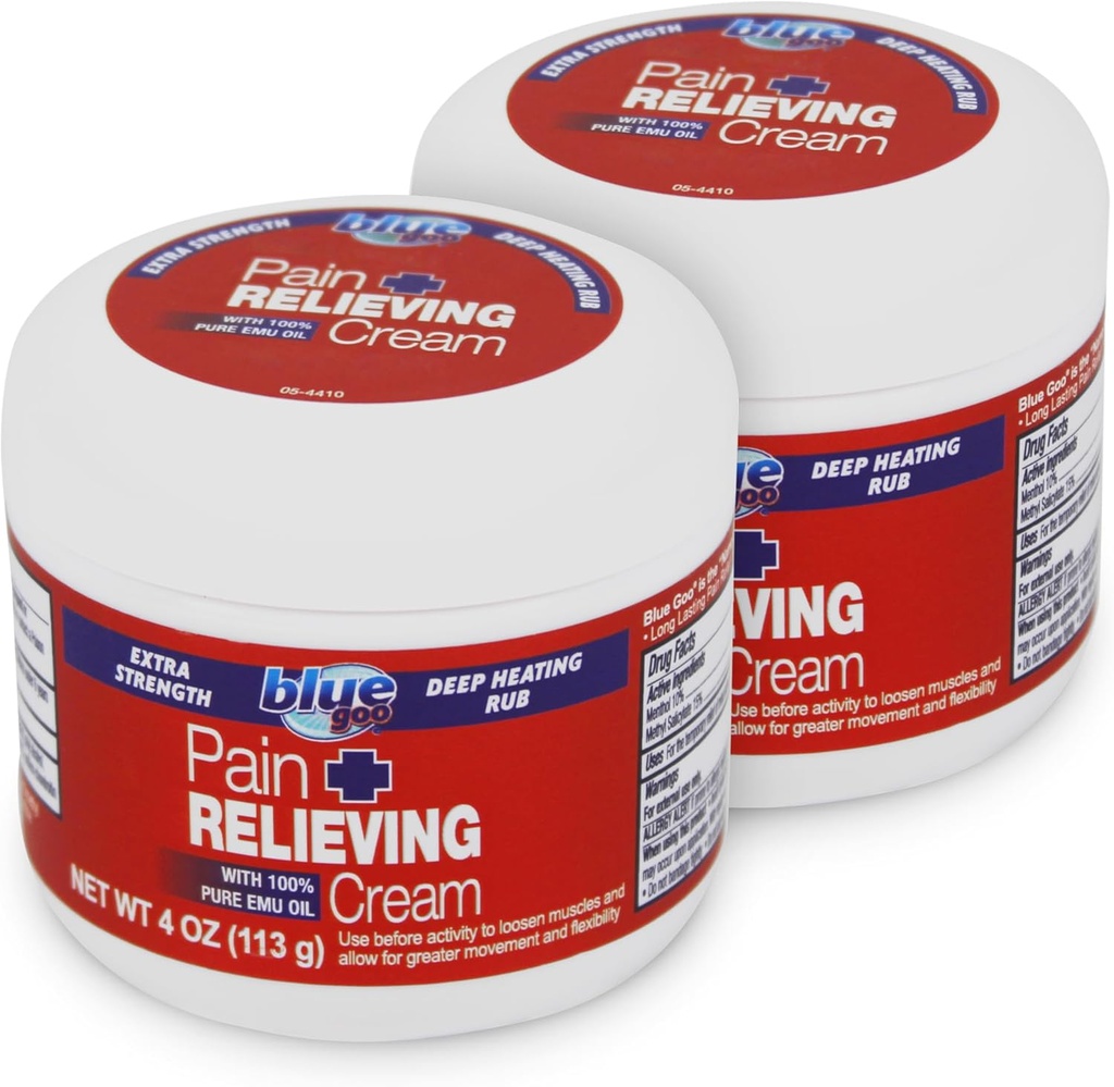 Blue Goo Maximum Strength Pain Relieving Cream - Βαθιά Θέρμανση Rub για Back/Neck, Sports Muscle/Joint, Strains, Bursitis, Strains - 2 συσκευασίες των 4 oz, Made with 100% Pure Emu Oil