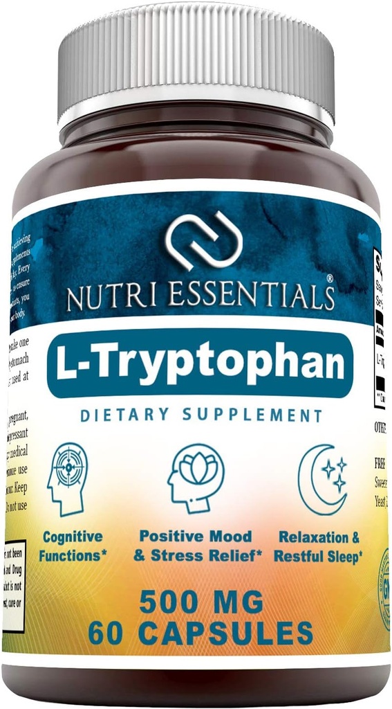 Συμπλήρωμα διατροφής L-Tryptophan 500 mg 60 Κάψουλες (Non-GMO) - Συμπληρώματα Φυσικής Βοήθειας Ύπνου με 500 mg Δωρεάν Μορφή L Tryptophan - Κυκλοφορία & Ανοσολογική Υποστήριξη*