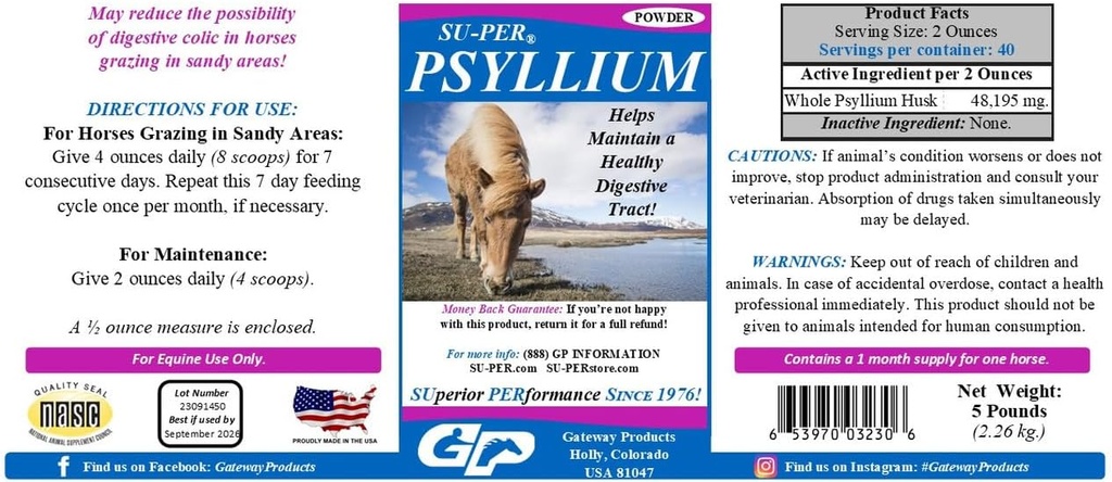 SU-PER Psyllium Horse Digestion Supplement - Maintains Healthy Digestive Tract in Horses - Supports Removal of Sand & Dirt from Intestinal Tract - 5 Pound, (2 Pack)