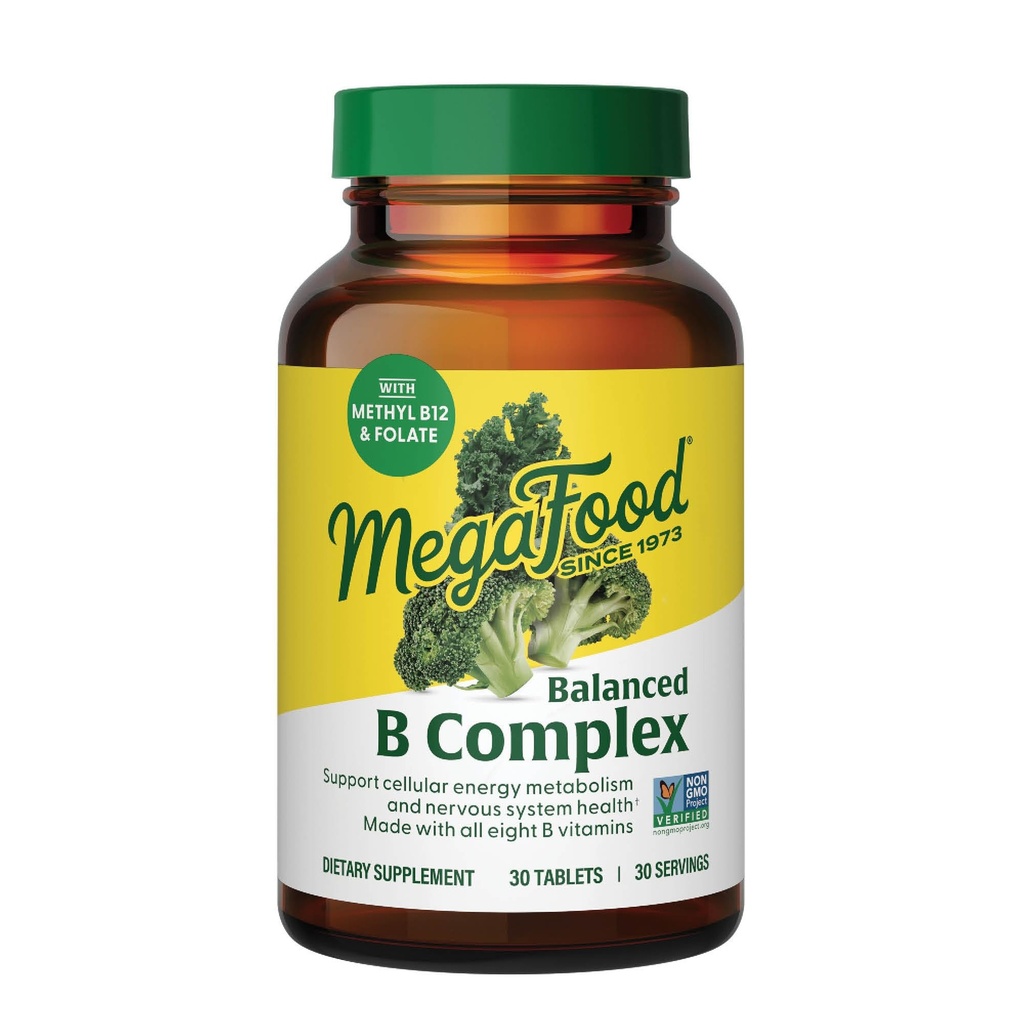 MegaFood Balanced B Complex - B Complex Vitamin Supplement, 8 Β Βιταμίνες συμπεριλαμβανομένης της βιταμίνης Β6, Βιταμίνη Β12, Φολικό, Βιοτίνη & περισσότερα, Υποστηρίζει Κυτταρική Παραγωγή Ενέργειας, Vegan, Χωρίς Γλουτένη - 30 δισκία